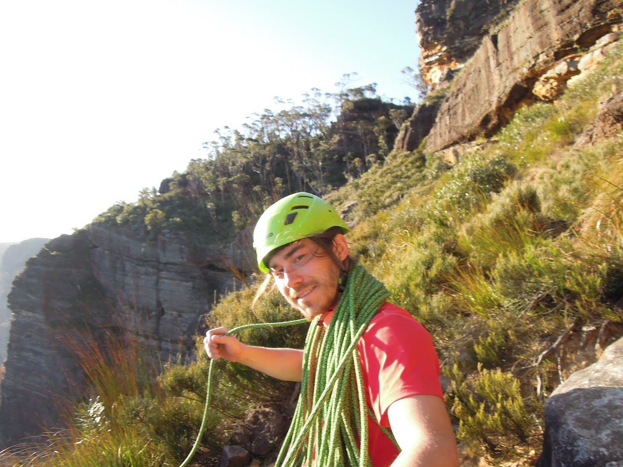 Gabe at the top of the 310m climb Hotel California in the Blue Mountains of Australia